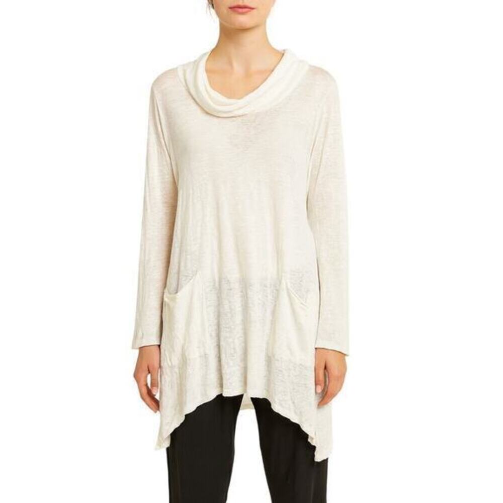 Match Point Cowl Neck 100% Linen Long Sleeve White Tunic size Large